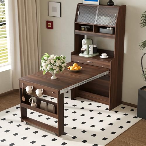 Spaco 2-in-1 Folding Dining Table and Buffet Cabinet Set,Compact Pull-Out Kitchen Table with Wheels,Storage Shelf and Side Hooks,Multifunctional Cupboard for Small Place (Walnut) - color: Walnut