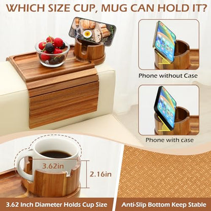 GHKINMAL Couch Cup Holder Tray, Acacia Wood Couch Armrest Table with 360° Ratated Phone Holder, 18.99" Flodable Anti-Slip Sofa Armrest Tray Tables for Snacks Remote Storage - color: Acacia Wood