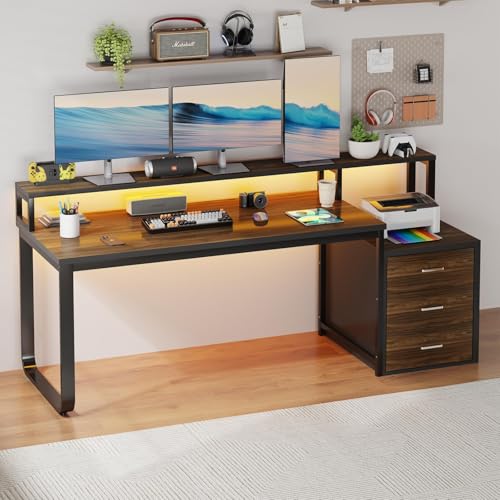 HOMBCK 67" Computer Desk with 3 Drawers, Home Office Desk with Long Monitor Stand and Printer Space, Office Desk with Storage & LED Lights, Writing Desk with Drawers, Black and Walnut - color: Black Walnut
