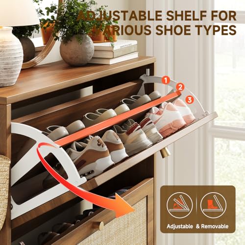 Nicetree Shoe Cabinet Storage for Entryway, 2-Flip Drawer Narrow Shoe Rack, Organic Modern Rattan Shoe Organizer with Gold Legs, Shoe Organizer Fits Men's Size 13.5, Toasted Caramel Walnut
