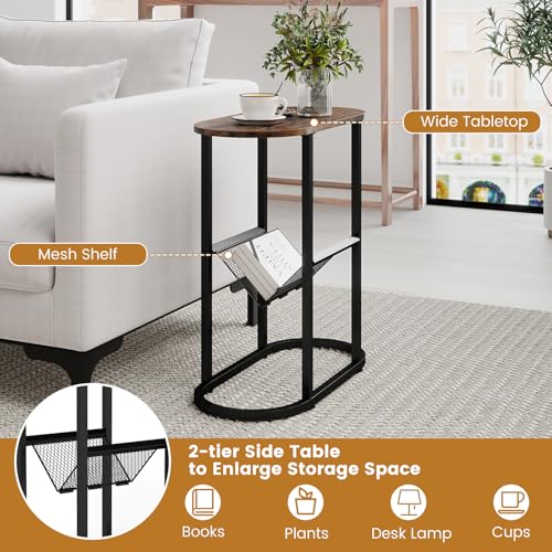 Tangkula Oval Narrow Side Table, 2-Tier End Table w/Mesh Magazine Rack, Steel Frame, Industrial Nightstand, Compact Sofa Bedside Table for Living Room Bedroom, Rustic Brown & Black - color: Rustic Brown & Black