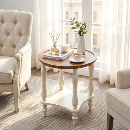 BERRYMERRY 18.5" 2-Tier French Country End Table with Tray Top, White Round Side Table for Living Room Small Spaces, No Tool Assembly - color: Tray Top 1pc