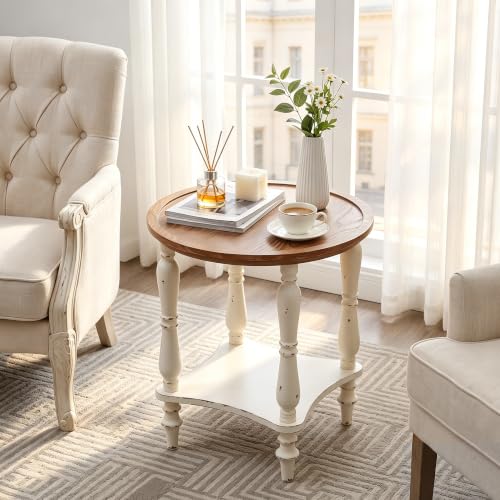 BERRYMERRY 18.5" 2-Tier French Country End Table with Tray Top, White Round Side Table for Living Room Small Spaces, No Tool Assembly - color: Tray Top 1pc