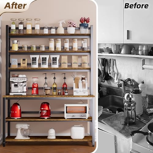 Aquzee Bakers Racks for Kitchens with Storage, 6 Tiers Large(47.2“W x 15.7”D x 70.8" H) Kitchen Stand with Hutch, Freestanding Organizer with Shelves,Rustic Brown - color: Rustic Brown Board + Black Frame