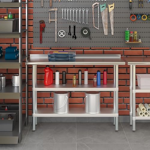 AmGood Stainless Steel Work Table with 1.5" Backsplash and 2 Shelves | Metal Kitchen Food Prep Table | NSF (48" Long x 14" Deep) - size: 48" Long x 14" Deep