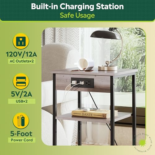 WLIVE Grey End Table with Charging Station, Small Night Stand | Side Tables with Storage Adjustable Shelf for Small Spaces; Bedside Tables for Living Room, Bedroom - color: Grey