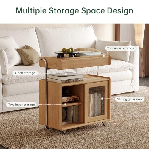 Solid Wood Side Table with Wheels, Flip Top Side Table with Storage, Multi-Functional Storage Cabinet with Ample Space for Living Room, Bedroom(13.77" D x 26.77" W x 28.22" H, Natural) - color: Natural