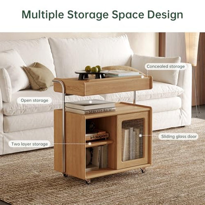 Solid Wood Side Table with Wheels, Flip Top Side Table with Storage, Multi-Functional Storage Cabinet with Ample Space for Living Room, Bedroom(13.77" D x 26.77" W x 28.22" H, Natural) - color: Natural