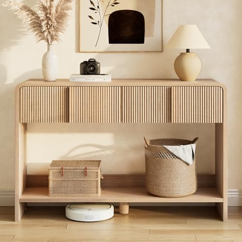 AMERLIFE 45" Fluted Entryway Console Table with 2 Drawers and Open Shelf | Modern Entryway Table, Rounded Edges, Wood Sofa Table for Hallway, Foyer, Behind Couch, Living Room, Natural Oak - color: Natural Oak - Fluted Panel, size: 45"