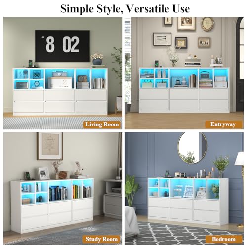 TV Stand with 6 Drawers & 7 Storage Cubbies, LED Lights Entertainment Center with Power Outlet, 63" TV Cabinet with Adjustable Open Storage Shelf, Modern TV Media Console for Living Room (White) - color: White