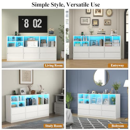 TV Stand with 6 Drawers & 7 Storage Cubbies, LED Lights Entertainment Center with Power Outlet, 63" TV Cabinet with Adjustable Open Storage Shelf, Modern TV Media Console for Living Room (White) - color: White