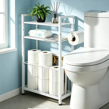 Freestanding Toilet Paper Holder with Shelf, Holds 6–9 Rolls, Space-Saving Bathroom Organizer for Small Spaces, Toilet Roll Holder Stand Keeps Rolls Clean & Dry, White - color: White