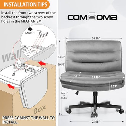 COMHOMA Cross Legged Office Chair with Wheels Armless-Office Desk Chair, Modern Vanity Computer Task Chairs for Home Bedroom, Comfortable Wide Seat for Lower Back Pain Relief, Soft Velvet, Gray - color: Gray Velvet
