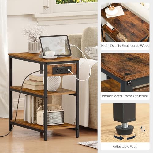 HOOBRO End Table with Charging Station, Side Table with 3 Tier Storage Shelf, Narrow Nightstand for Small Spaces, for Living Room, Bedroom, Easy Assembly, Rustic Brown and Black BF149UBZ01 - color: Rustic Brown + Black