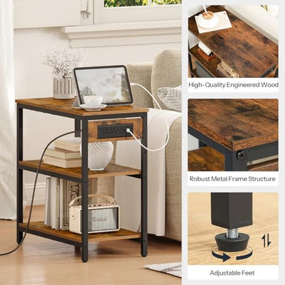 HOOBRO End Table with Charging Station, Side Table with 3 Tier Storage Shelf, Narrow Nightstand for Small Spaces, for Living Room, Bedroom, Easy Assembly, Rustic Brown and Black BF149UBZ01 - color: Rustic Brown + Black