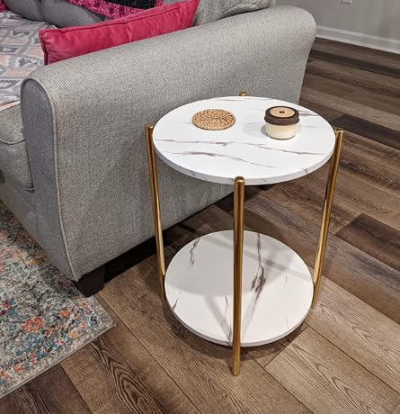 Gold End Table, Faux Marble Side Table, 2-Tier Small Round Nightstand for Bedroom - Modern Accent Table for Living Room Couch, Metal Frame (1 Pack) - color: Gold