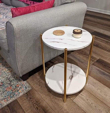 Gold End Table, Faux Marble Side Table, 2-Tier Small Round Nightstand for Bedroom - Modern Accent Table for Living Room Couch, Metal Frame (1 Pack) - color: Gold