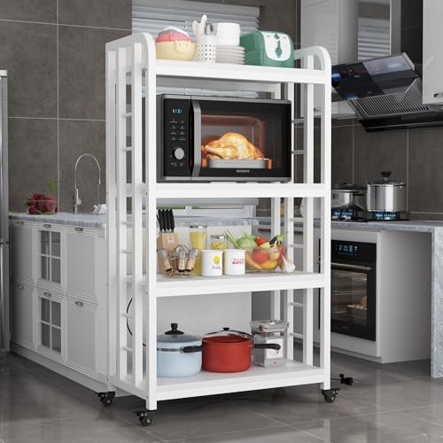 SIREDEEP Bakers Rack with Power Outlet ，4-Tier Kitchen Baker's Rack,Microwave Stand with Storage Suitable for Kitchen,Microwave Cart, Living Room, Dinning Room，Coffee Bar（White） - color: White