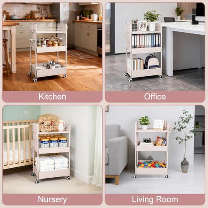 3 Tier Rolling Storage Cart Metal Utility Cart with Wheels | Office Organizer with Hooks & Hanging Cups, Mobile Shelving Unit for Kitchen Nursery Craft Snack Book - color: Blush Pink