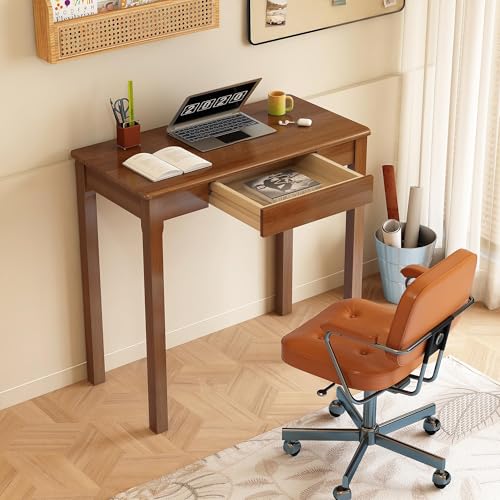 100% Solid Wood 32 x 16 in Small Desk with Drawers | Mid Century Modern Narrow Desk Vintage Small Writing Wooden Desks for Small Spaces Bedroom, Living Room, Office - color: Walnut, size: 31.5" x 15.7"