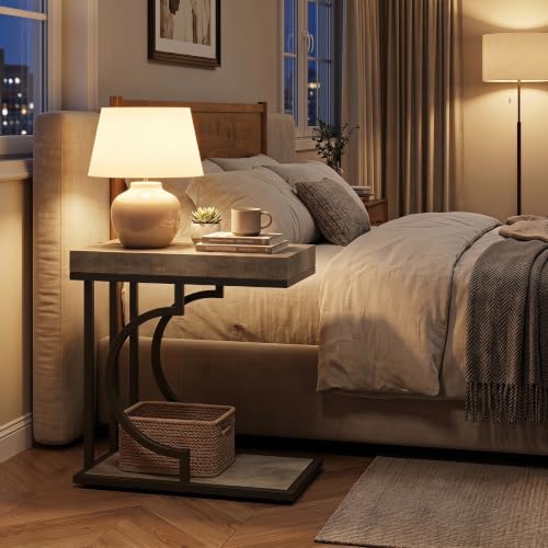Tribesigns C Shaped Modern End Table for Coach with Metal Frame | Wood Grain, Small Side Table for Living Room, Nightstand for Bedroom, Gray&Black - color: Gray&black