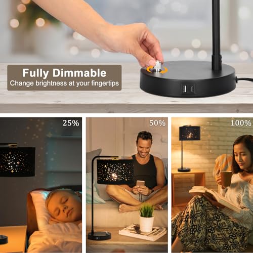 Bedside Table Lamp with USB C+A Ports, Fully Dimmable Modern Nightstand Side Lamps with Stars Shade, Tall Desk Reading Lamps for Living Room Bedroom 3000k LED Bulb Included - color: Black Base with Stars Shade