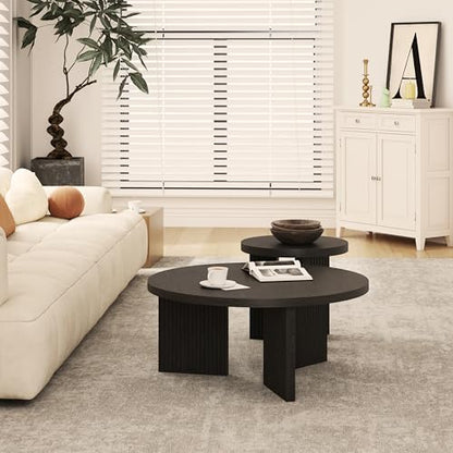 Nesting Coffee Table Set of 2, Black | Modern Wooden Coffee Table, Circle Tea Table and End Table Set, Accent Center Tables for Living Room, Office - color: Black, style: Coffee Table Set of 2