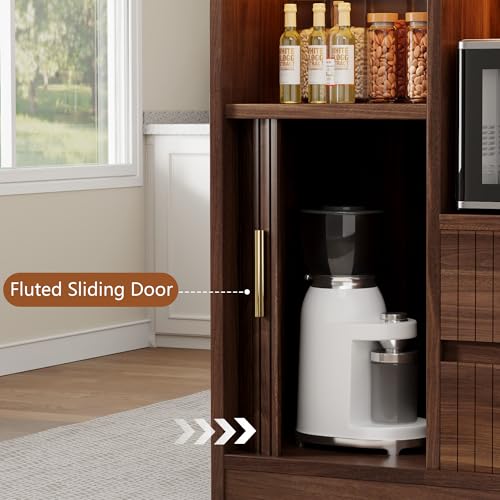 Kitchen Island with Storage, Island Table for Kitchen with Power | Outlet & LED Light, Coffee Bar Cart Rolling Buffet Cabinet with Fluted Sliding Door, 2 Drawers, Large Countertop, Walnut - color: Walnut