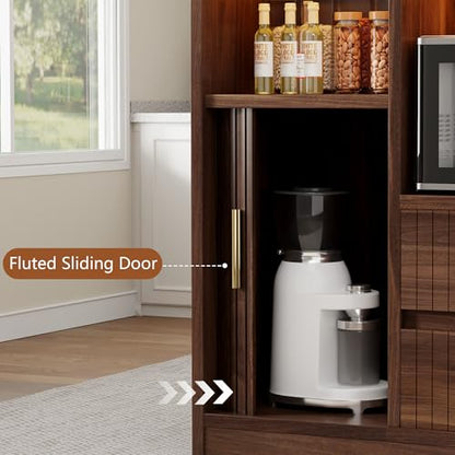 Kitchen Island with Storage, Island Table for Kitchen with Power | Outlet & LED Light, Coffee Bar Cart Rolling Buffet Cabinet with Fluted Sliding Door, 2 Drawers, Large Countertop, Walnut - color: Walnut
