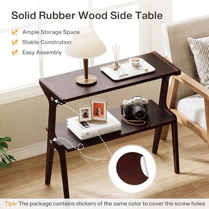Tribesigns Solid Wood End Table, 2-Tier Farmhouse Side Table with Storage Shelves, Slim Side Table for Couch with Unique Legs, Long Bedside Table for Bedroom, Living Room, Burgundy - color: Burgundy