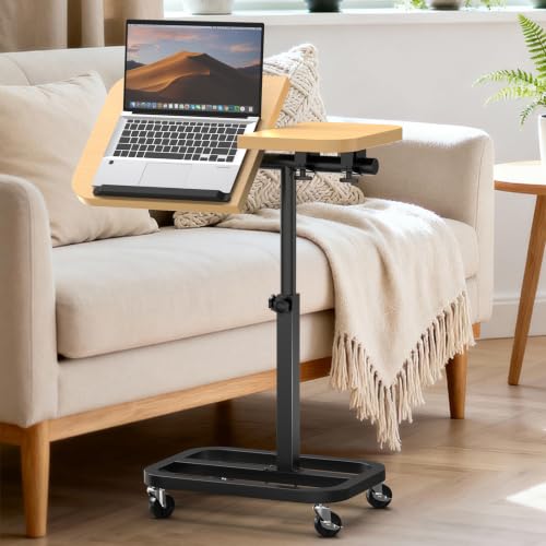 Large-Size Portable Laptop Rolling Desk with Wheels, Adjustable Height and Tilt Top Stable Mobile Over-Bed Table for Home Use (Wood) - color: Wood