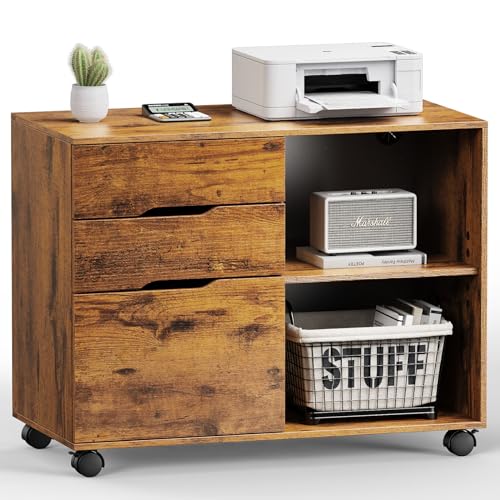 DUMOS File Cabinet with 3 Drawers, Wood Under Desk Storage Printer Stand | Rolling Lateral Filing Cabinet with Adjustable Shelves for Home Office Study Organization,Rustic - color: Vintage Brown