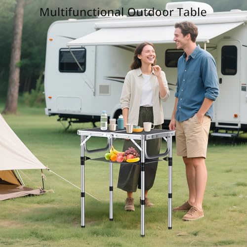 Anbte Folding Camping Table, Aluminum 24" x 16" Adjustable Height Small Folding Table with Carrying Handle, Lightweight, Portable Camping Table Waterproof for Outdoor Indoor Picnic Beach BBQ (Black) | Portable Picnic Table with Net Storage, Quick Assembly