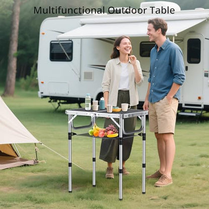 Anbte Folding Camping Table, Aluminum 24" x 16" Adjustable Height Small Folding Table with Carrying Handle, Lightweight, Portable Camping Table Waterproof for Outdoor Indoor Picnic Beach BBQ (Black) | Portable Picnic Table with Net Storage, Quick Assembly