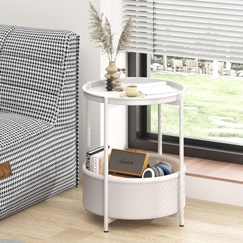 Garden 4 you Side Table with Fabric Storage Basket, Round Metal End Table, Small Bedside Table Nightstand with Removable Tray, for Nursery, Living Room, Bedroom, Bathroom, White - color: White