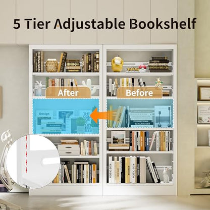 70.9" H Metal Bookshelf, Adjustable Bookcase, 5-Tier Heavy Duty Bookshelf with Bookend, Tall Bookshelves, Bookcase Shelf for Living Room, Office, Library,Classroom (White-108.3W) - color: White, size: 108.3" Wide
