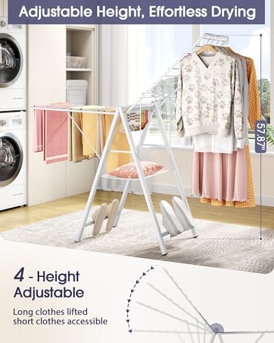 Clothes Drying Rack, 67.7" L Height Adjustable, Foldable, White | 1.5"Folded, No Assembly, Space-Saving, Spacious Design, Adjustable Wings, Clips, Mesh Shelf, Shoe Rack, Indoor & Outdoor Use - color: White