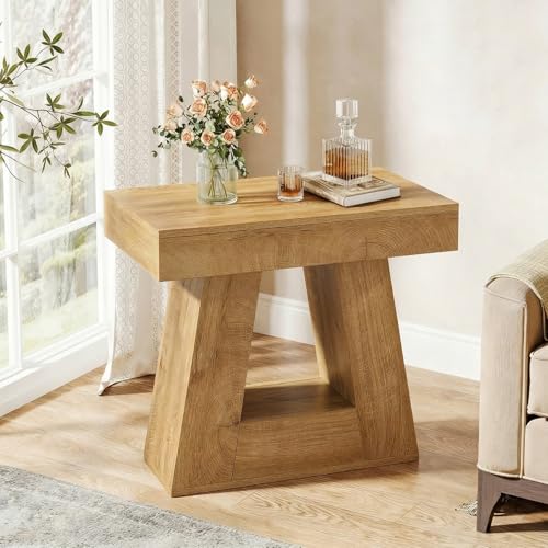 Tribesigns 24" Side Table, Narrow End Table with 2-Tier Storage Shelf, Farmhouse Wooden Nightstand Accent Table with Trapezoid Base for Living Room, Bedroom, Small Spaces, Natural Oak Color - color: Natural Oak