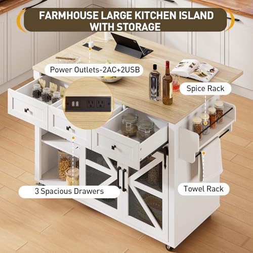 Kitchen Island with Storage, 55" Kitchen Cart with Charging Station, Rolling Kitchen Island Table with Drop-Leaf, 3 Drawers, Barn Doors, Towel Rack and Spice Rack, White and Natural - color: White + Natural