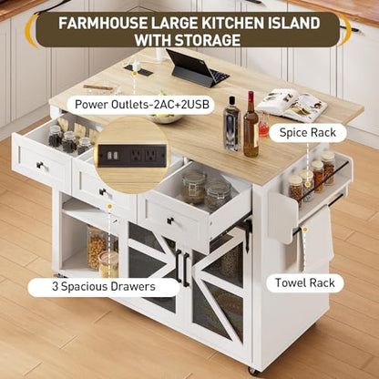 Kitchen Island with Storage, 55" Kitchen Cart with Charging Station, Rolling Kitchen Island Table with Drop-Leaf, 3 Drawers, Barn Doors, Towel Rack and Spice Rack, White and Natural - color: White + Natural