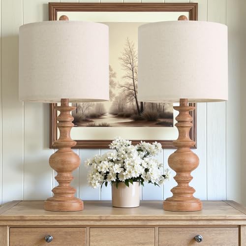 BOBOMOMO 24" Farmhouse Table Lamps Set of 2 – Rustic Light Brown Resin Bedside Lamps with Linen Shades, Medium Size Nightstand Lamps for Bedroom, Living Room, and Entryway, Ideal for Warm, Cozy Spaces - color: Light Brown, size: Medium-24"