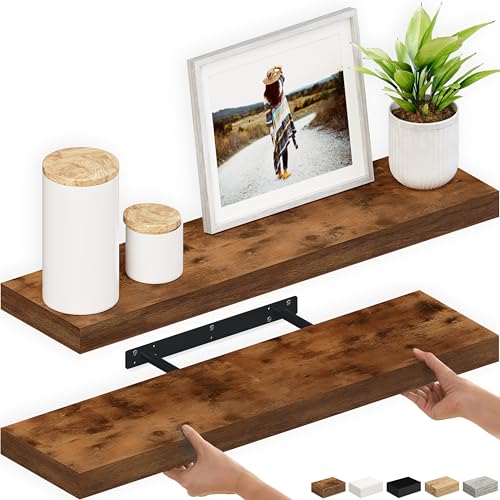 Ballucci Floating Shelves, 36" Wood Wall Shelf Set of 2, with Invisible Brackets for Bathroom, Living Room, Bedroom, Kitchen, Nursery, 6" Deep, Rustic Brown - color: Rustic Brown, size: 35.4 inches