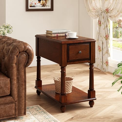 Narrow Open End Table with Drawer, Solid Wood Side Table 2-Tier Skinny Table with Storage Shelves Slim Nightstand Small Sofa End Table for Living Room Bedroom-Cherry Walnut 004DWA - color: Cherry Walnut, size: Single