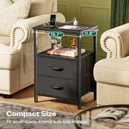Huuger Night Stand with Charger Station and LED Lights, 2 Drawer Nightstand, Bed Side Table with Open Shelf, End Table, Fabric Drawers for Bedroom, Black - color: Black, size: 11.8"D x 15.7"W x 23.6"H（2 Drawers）