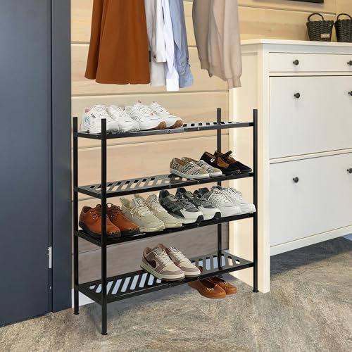 Shoe Rack, 4-Tier FreeStanding Shoe Shelf Stand, Stackable Shoe Storage Organizer for Closet, Holds up to 20-24 Pairs of Shoes for Entryway, Garage, Front Door Entrance, Metal, Black - size: 4 Tier