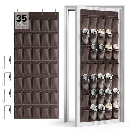 WVM Over the Door Shoe Organizer with 35 Breathable Mesh Pockets, Hanging Shoe Organizer for Door with 4 Metal Hooks, Large Capacity Closet Storage for Shoes, Accessories - style: Coffee