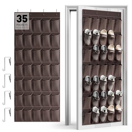 WVM Over the Door Shoe Organizer with 35 Breathable Mesh Pockets, Hanging Shoe Organizer for Door with 4 Metal Hooks, Large Capacity Closet Storage for Shoes, Accessories - color: Coffee