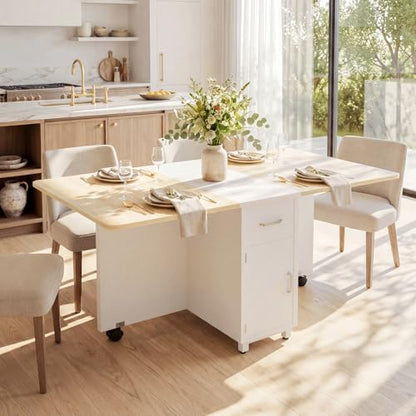 Folding Dining Table with Wheels, Space Saving Drop Leaf Kitchen Table with Storage Cabinet, Expandable Movable Furniture for Small Apartment, Natural - color: Natural