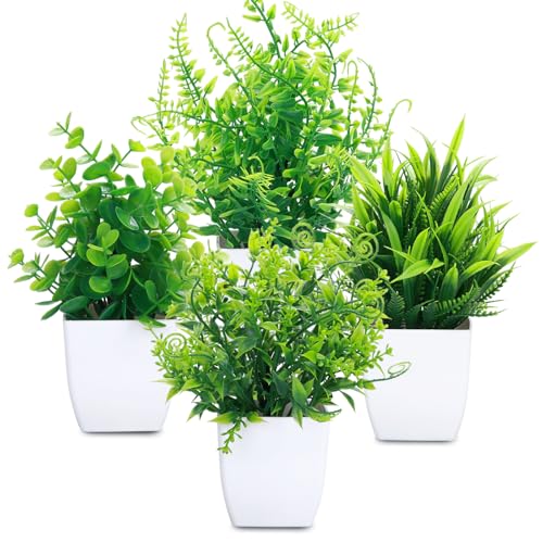 GREENTIME 4 Pcs Fake Plants Potted Small Artificial Plant Indoor Faux Greenery in White Pot for Home Office Bedroom Desk Bathroom Shelf Farmhouse Decorations - color: White-4