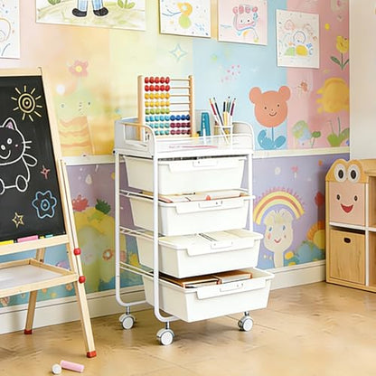 SYKIARIOL 4-Drawer Rolling Storage Cart with Mesh Top, Utility Craft Organizer Cart on Wheels with DIY Labels, Rolling Drawer Cart for Home Office Classroom Bedroom, White - color: White